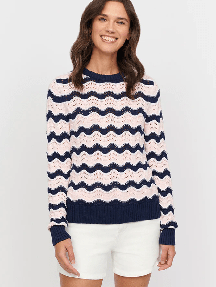 &amp; Isla Knitwear &amp; Isla Levi Wave Stripe Crew Jumper In Navy Multi IS4T-118 izzi-of-baslow