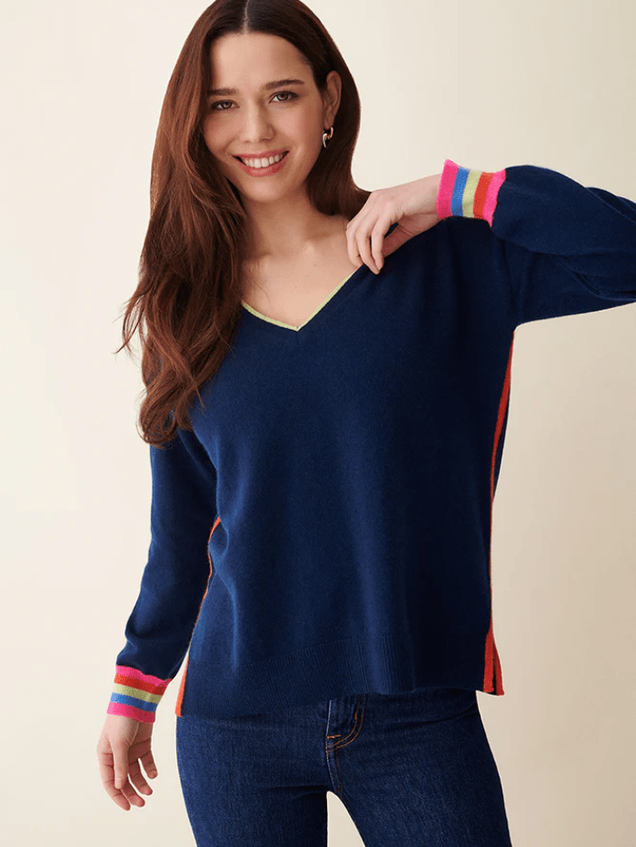 & Isla Knitwear XS & Isla Aria Stripe V Neck Jumper In Navy Multi IF4C-199 izzi-of-baslow