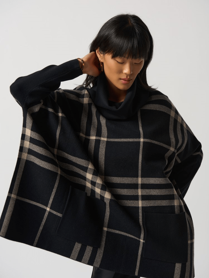 Joseph Ribkoff Cowl Neck Black and Oatmeal Plaid Poncho 233965 317 izzi-of-baslow