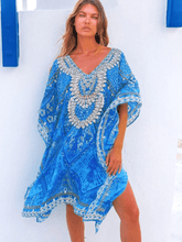 Lindsey Brown Resortwear Beachwear Lindsey Brown Rhodes Blue Short Sparkly Kaftan izzi-of-baslow