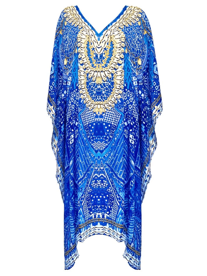 Lindsey Brown Resortwear Beachwear Lindsey Brown Rhodes Blue Short Sparkly Kaftan izzi-of-baslow