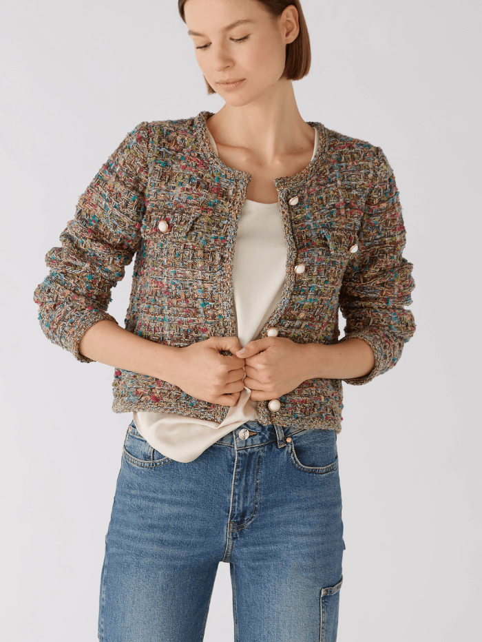Oui-French-Style-Knitted-Cardigan-Jacket-In-A-Green-Red-Mix 79402 Col 643-of-baslow