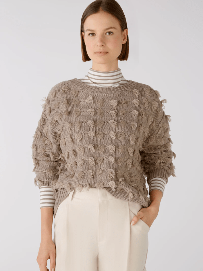 Oui-Taupe-Jumper-With-Fringe-Detail 79376 Col 8131 izzi-of-baslow