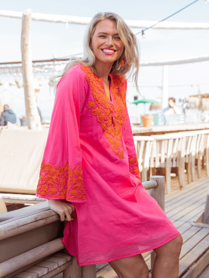 Place Du Soleil Embroidered Mini Dress in Hot Pink S24 314 Izzi of Baslow Place Du Soleil Embroidered Mini Dress in Hot Pink S24 314 Izzi of Baslow