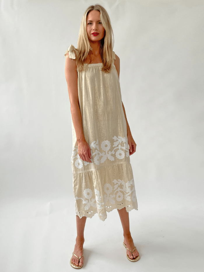 Rose And Rose ALBA Appliqued Sleeveless Sun Dress In Gold And White Izzi of Baslow Rose And Rose ALBA Appliqued Sleeveless Sun Dress In Gold And White Izzi of Baslow