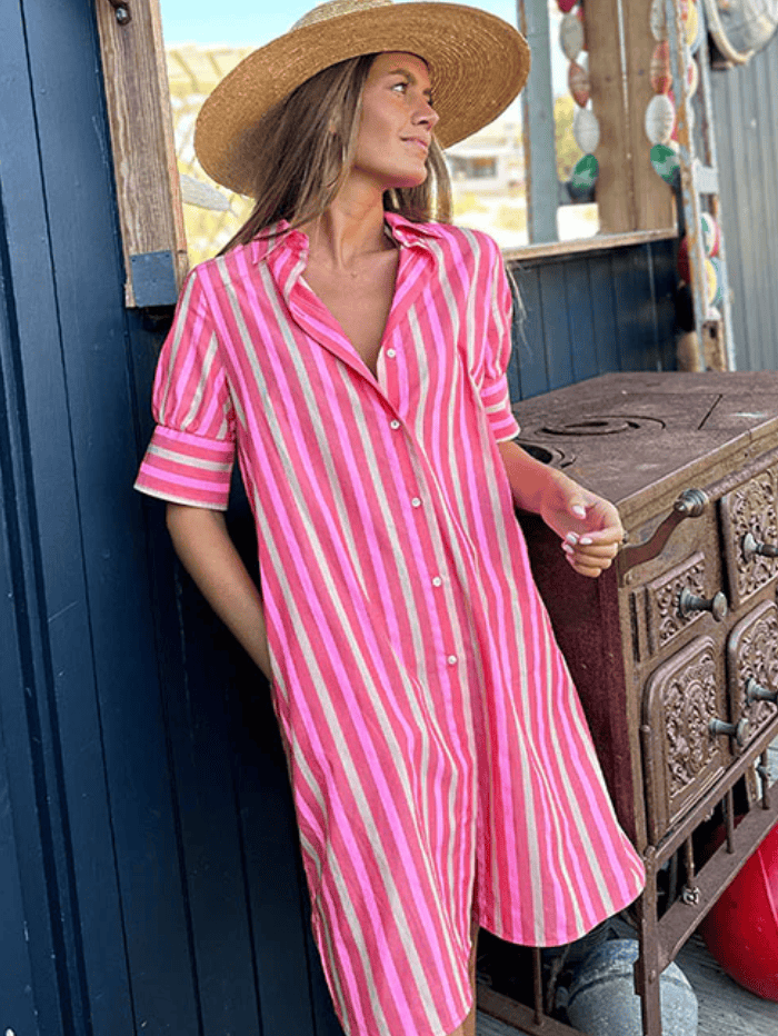 pink striped shirt dress women In Perfect Order Pink Stripe Button Front Ruffle Collar Midi Shirt Dress