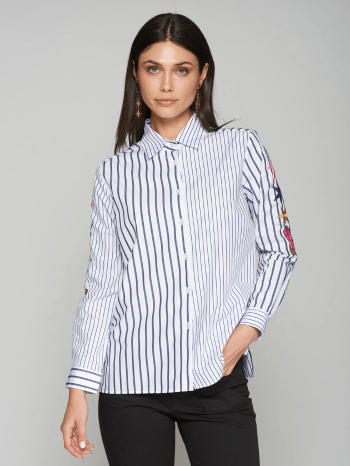 Vilagallo Tops Vilagallo NADINE White And Navy Striped Shirt With Star Embroidery 31567 izzi-of-baslow