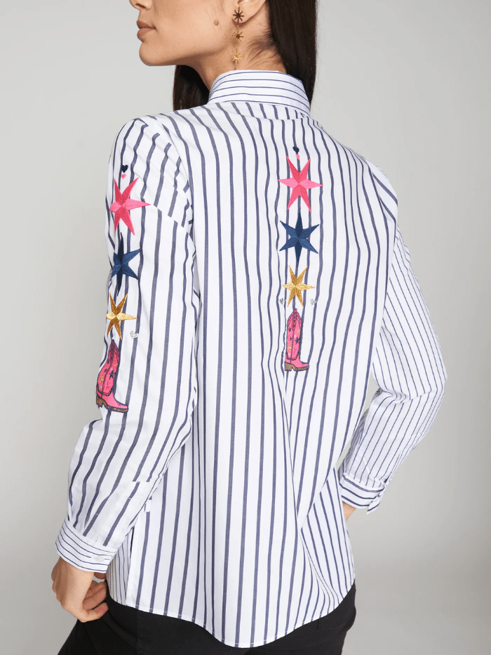 Vilagallo Tops Vilagallo NADINE White And Navy Striped Shirt With Star Embroidery 31567 izzi-of-baslow