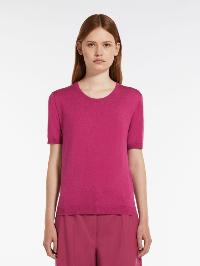 Weekend By Max Mara Tops Weekend By Max Mara ZIBETTO Fuchsia Silk and Cotton Yarn T Shirt 2415361011600 Col 009 izzi-of-baslow