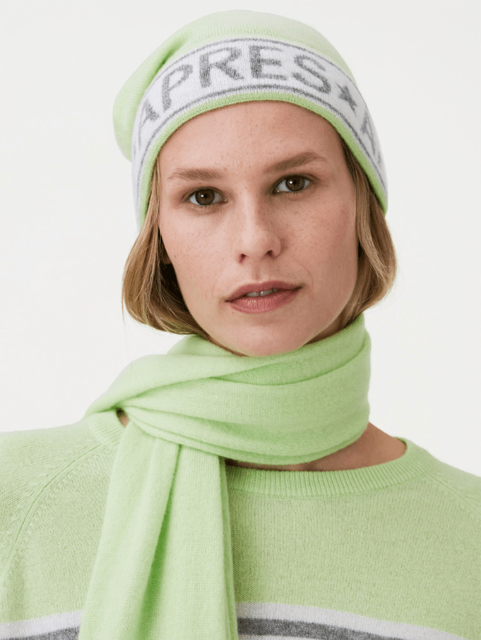 Brodie Cashmere Accessories One Size Brodie Cashmere Apres Hat Lime Green &amp; Grey Pom Pom izzi-of-baslow