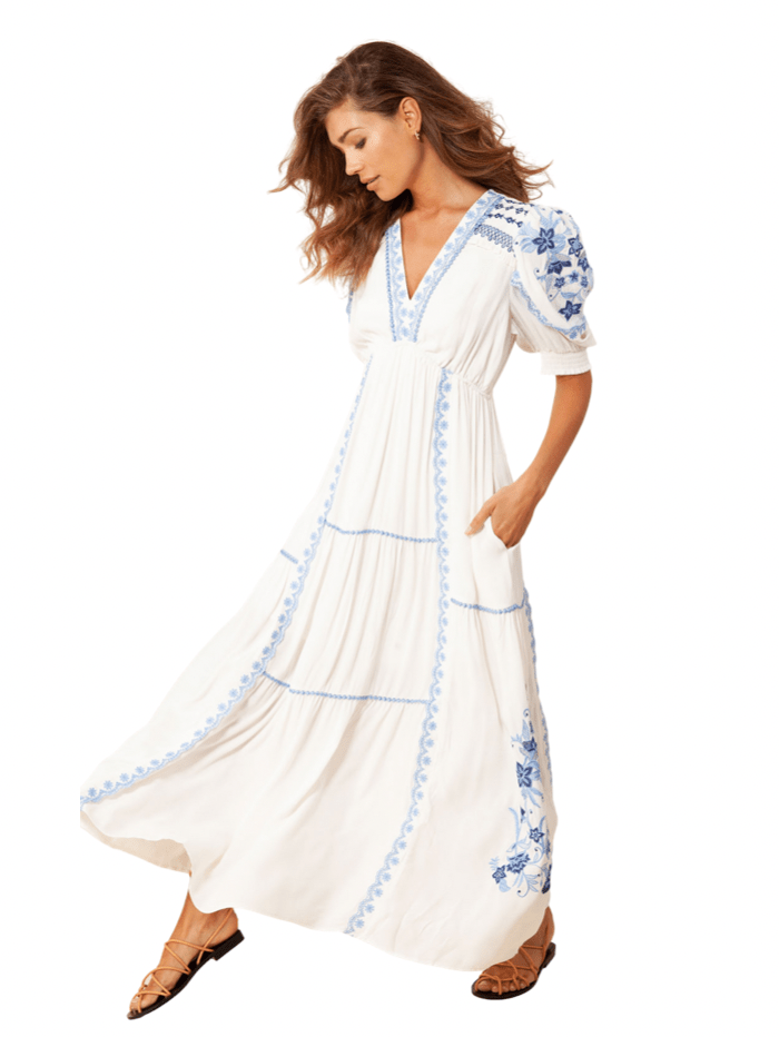 white maxi dress with blue embroidery Royal White Dress with Unique Blue Embroidery and Long Tail 40/(M)
