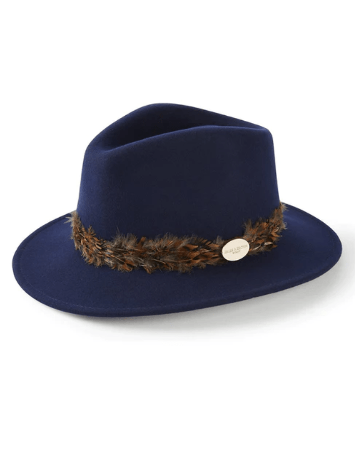 Hicks and Brown Accessories Hicks & Brown Suffolk Fedora Navy Pheasant Feather Brown Wrap HBSW1NA izzi-of-baslow