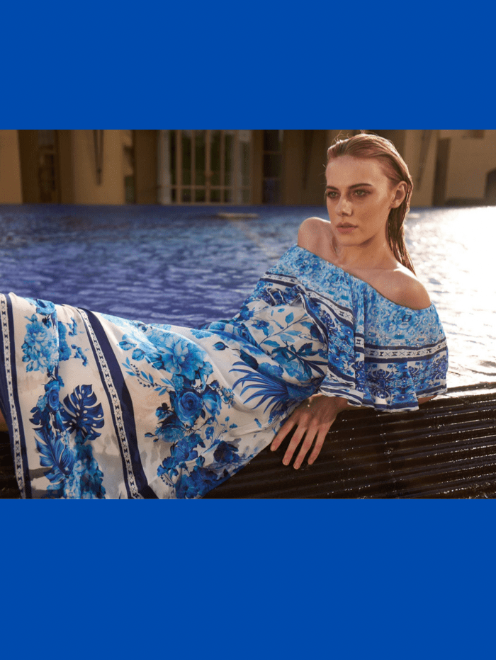 Inoa Dresses Inoa Sydney Blue Silk FRILL NECK DRESS with Crystals FRN 202 izzi-of-baslow