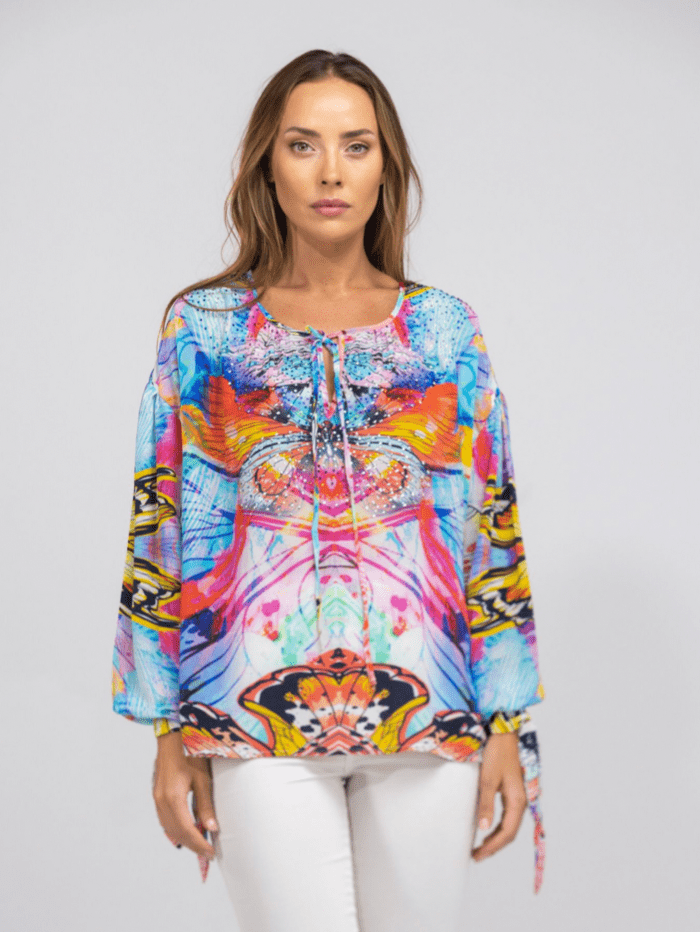 Inoa Tops Inoa Canberra Printed Silk KNOT CUFF Long Sleeve Top with Crystals 205 izzi-of-baslow