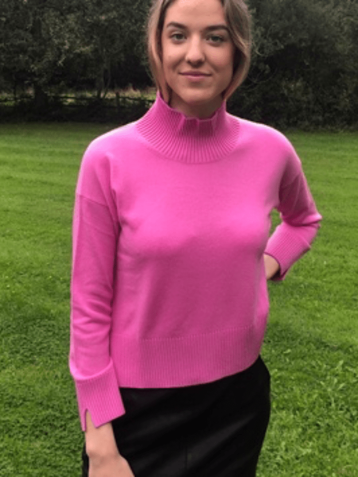 &amp; Isla Knitwear &amp; Isla Cashmere FARAH Candy Pink Funnel Neck Jumper izzi-of-baslow