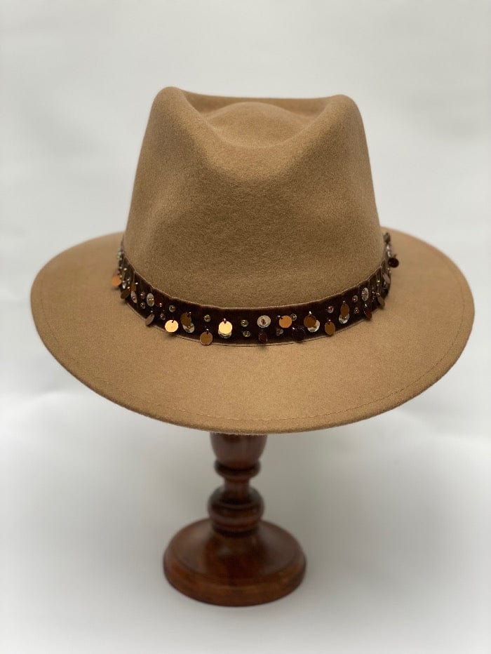 Izzi Hats Accessories Izzi Accessories Fedora Camel Hat With Brown Velvet Sequinned Band izzi-of-baslow