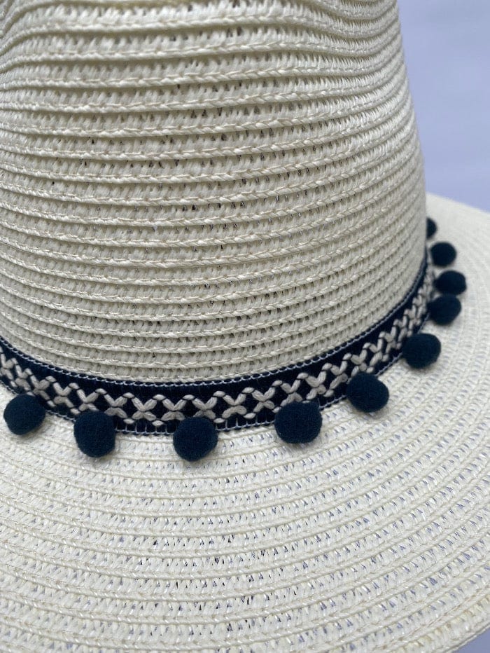 Izzi Hats Accessories Izzi Accessories Fedora Cream Hat Navy Pom Pom Trim SH374 izzi-of-baslow