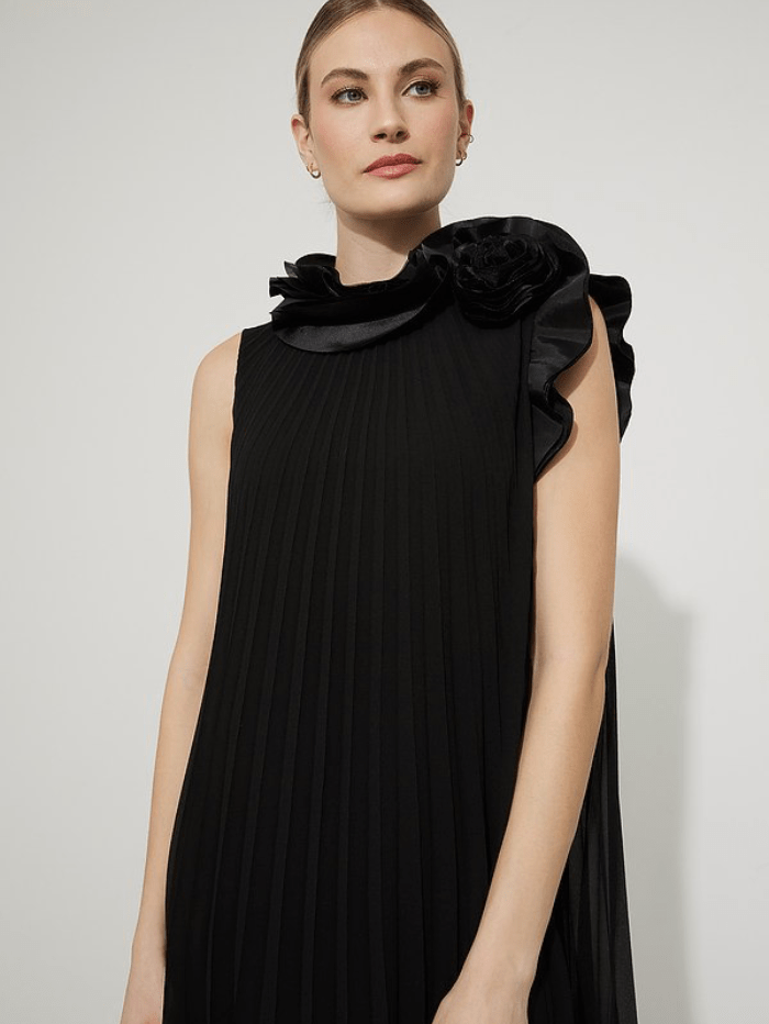 Joseph Ribkoff Dress Joseph Ribkoff Black Pleated Floral Shoulder Dress 223728 11 izzi-of-baslow