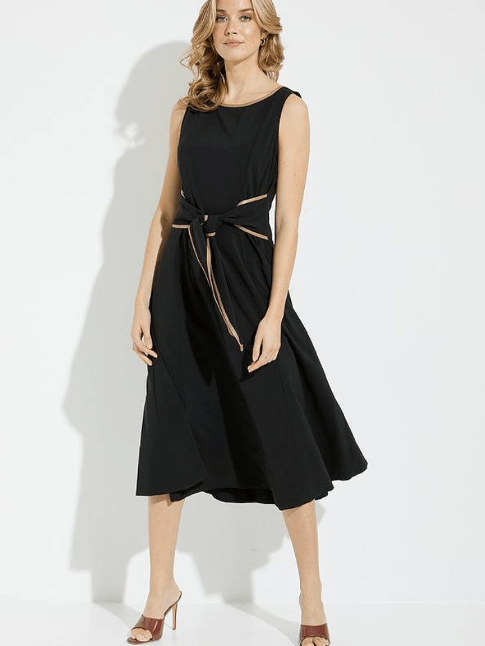 Joseph Ribkoff Black Dress With Camel Pleather Trim 231214 4029