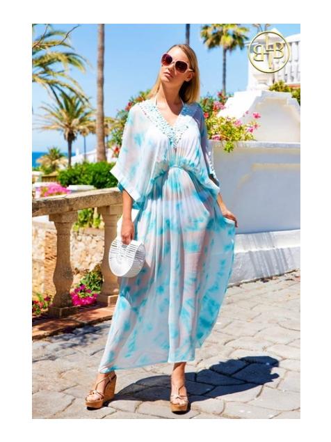 Lindsey Brown Resortwear Beachwear One Size Lindsey Brown Sky Blue and White Designer Maxi Kaftan Rio izzi-of-baslow