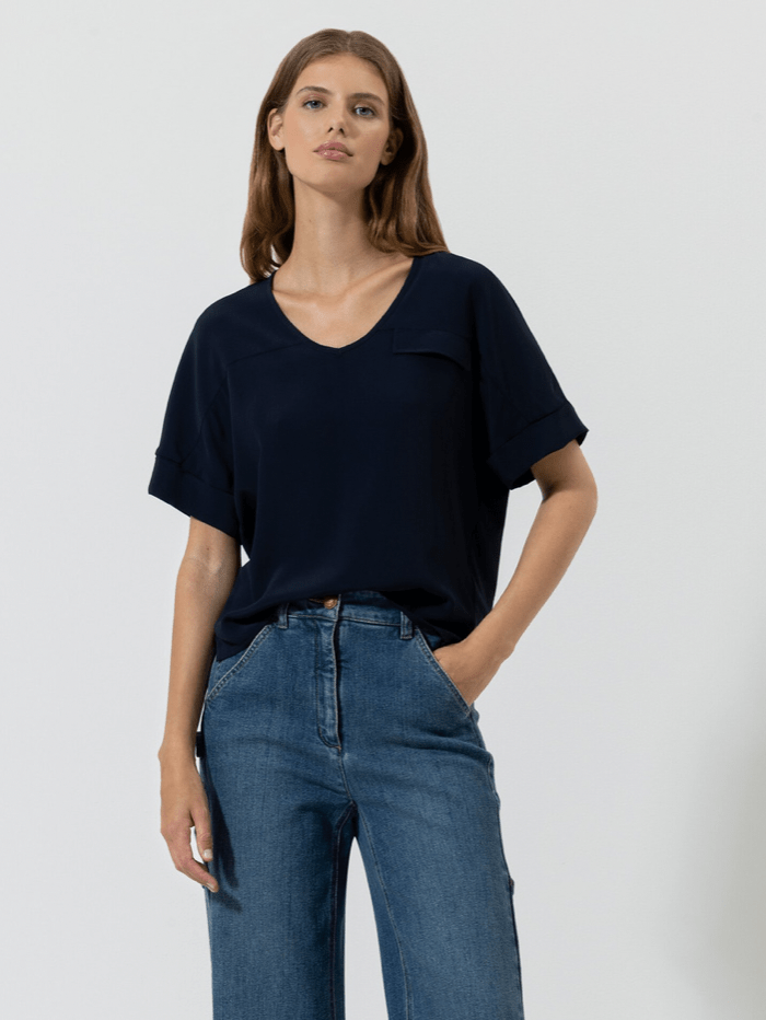 Luisa Cerano Tops Luisa Cerano Dark Blue Silk Blend Top 378989 7599 0294 izzi-of-baslow