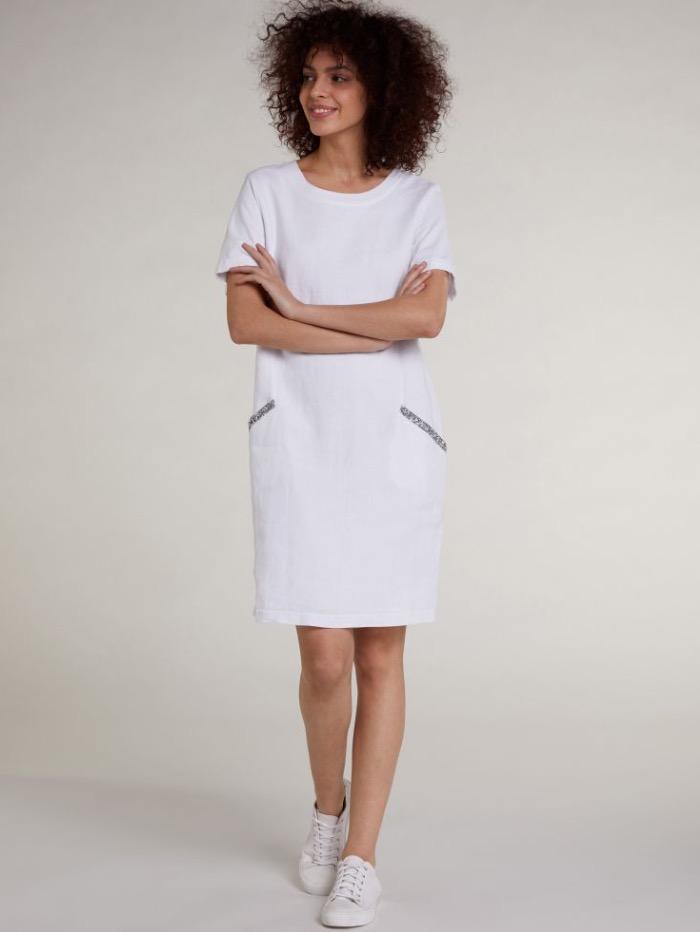 Oui White Diamante Pocket Linen T Shirt Dress 73323 1002  Izzi of Baslow
