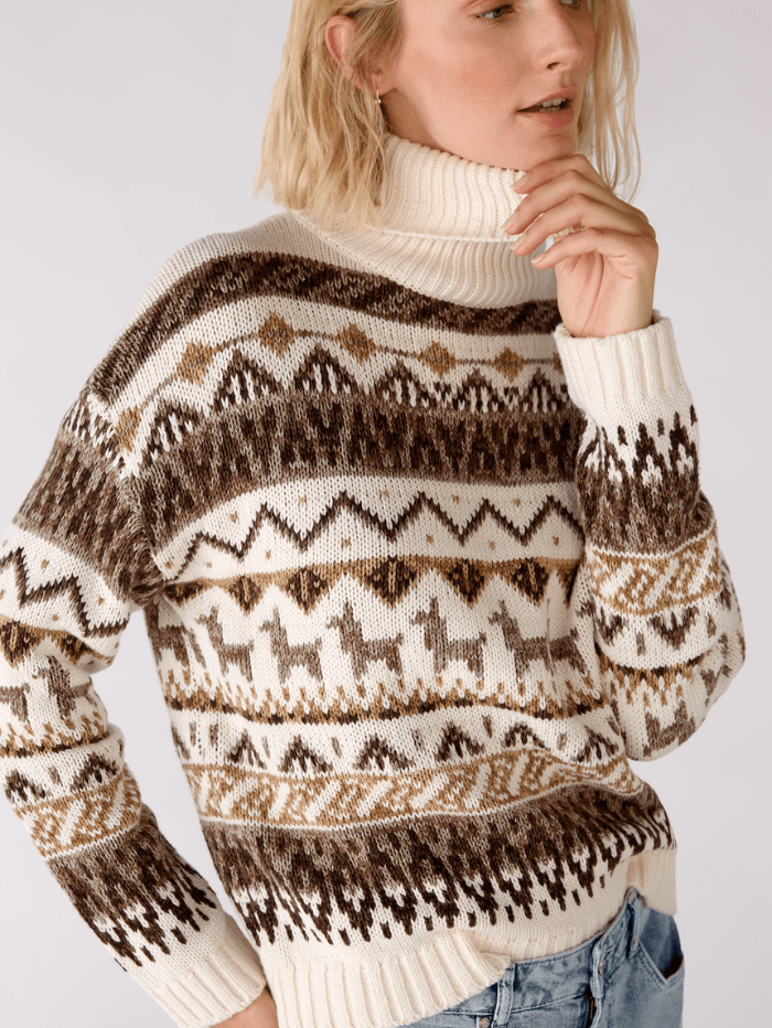 Oui Knitwear Oui Heavy Roll Neck Patterned Knitted Jumper 77409 0118 izzi-of-baslow