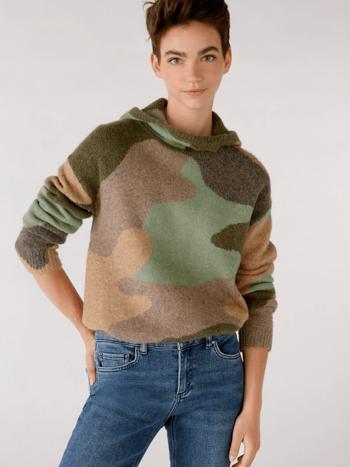 Oui Knitwear Oui Khaki Green Camo Knitted Hoodie 77248 0716 izzi-of-baslow