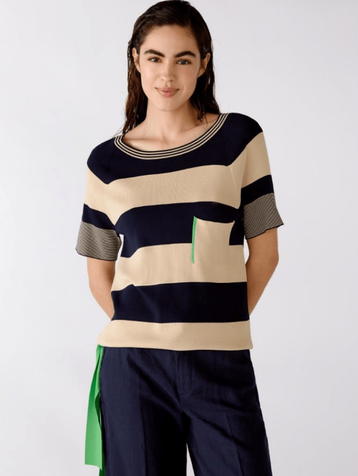Oui Tops Oui Striped Green Fine Knit Top 76018 0725 izzi-of-baslow