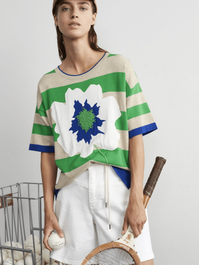 Oui Tops Oui Striped Knitted Floral Sweater 76042 0726 izzi-of-baslow