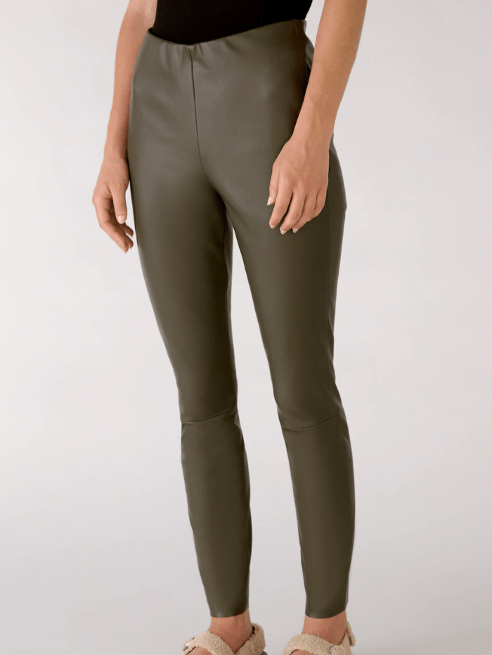 Oui Trousers Oui Khaki Green Faux Leather Leggings 77985 6760 izzi-of-baslow