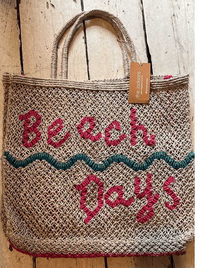 The Jacksons Accessories Large The Jacksons London BEACH DAYS Jute Bag Natural, Pink & Blue izzi-of-baslow