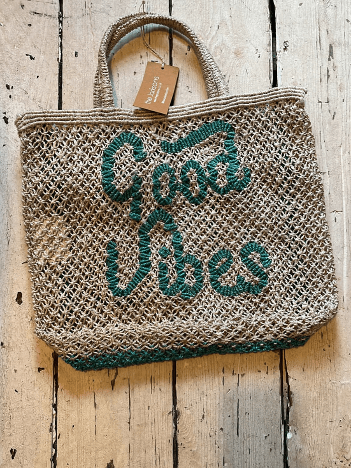 The Jacksons Accessories Small The Jacksons London GOOD VIBES Jute Bag Natural & Aqua izzi-of-baslow