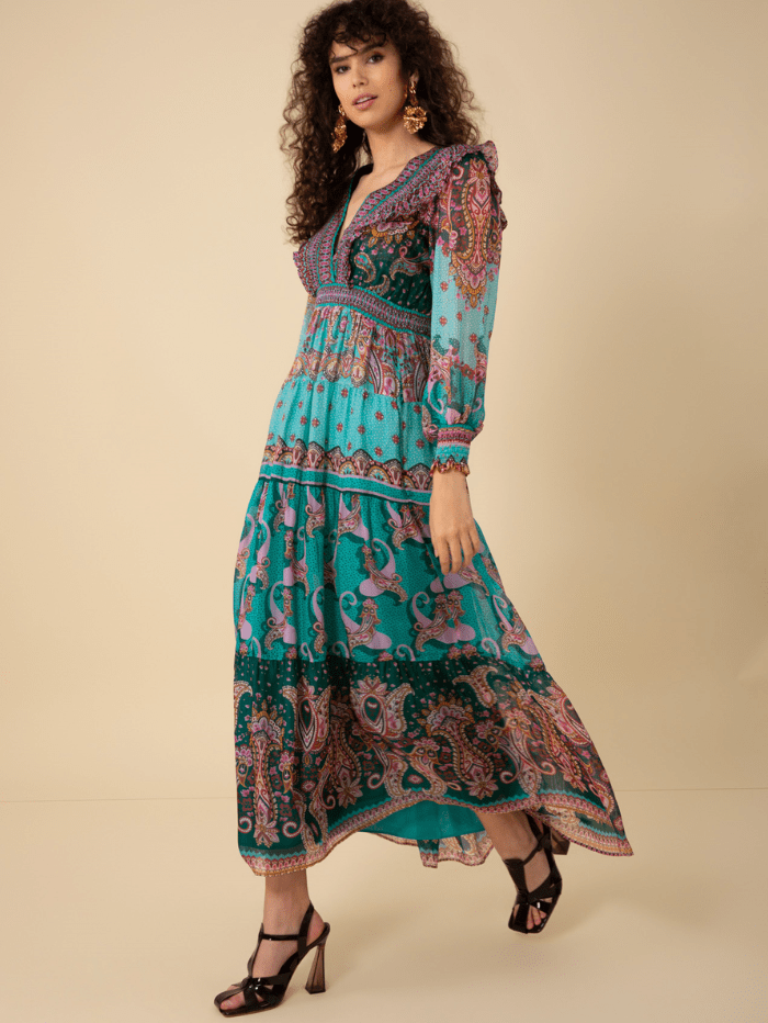 Hale Bob Dresses XS Hale Bob NYLAH Teal Print Maxi Dress 47AA612A izzi-of-baslow