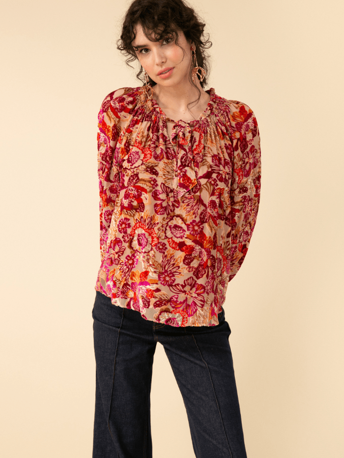 Hale-Bob-Alba-Velvet-Burnout-Blouse-in-Pink/Orange 37DR2020 Izzi-of-baslow