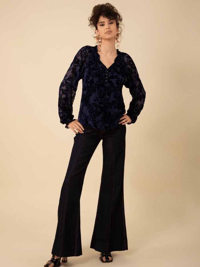 Hale Bob Tops Hale Bob LIANI Velvet Burnout Silk Blend Blouse In Navy 47DY224S izzi-of-baslow