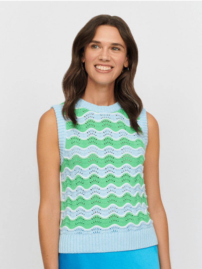 & Isla Knitwear & Isla Chloe Wave Stripe Vest In Seafoam Multi IS4T-100 izzi-of-baslow