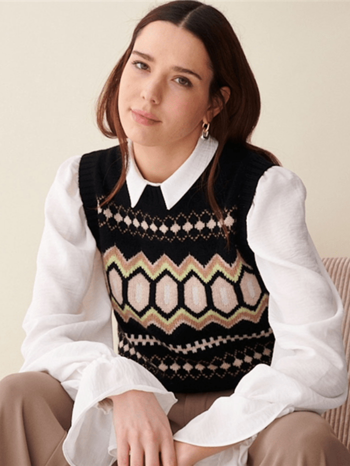 & Isla Knitwear & Isla Eliana Fairisle Vest In Black Multi IF4C-192 izzi-of-baslow