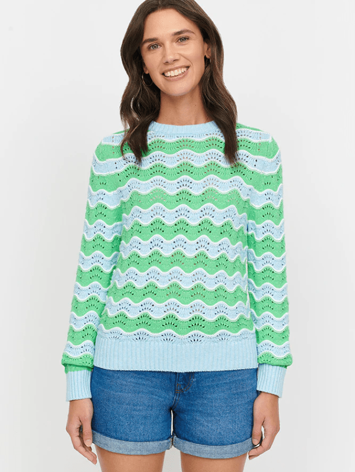 &amp; Isla Knitwear &amp; Isla Levi Wave Stripe Crew Jumper In Seafoam Multi IS4T-118 izzi-of-baslow