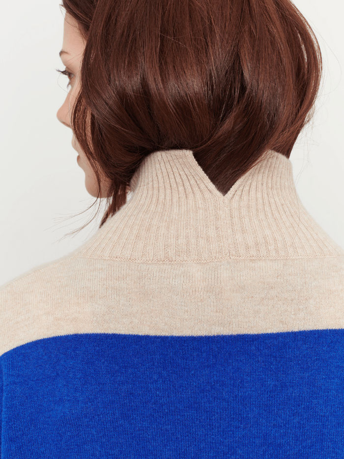 &amp; Isla Knitwear &amp; Isla Sadie Colourblock Oatmeal/Multi Stripe Funnel Cashmere Jumper IF3C-041 izzi-of-baslow