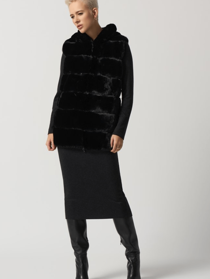 Joseph-Ribkoff-Black-Faux-Fur-Hooded-Gilet/Vest-233921 Col 11 izzi-of-baslow