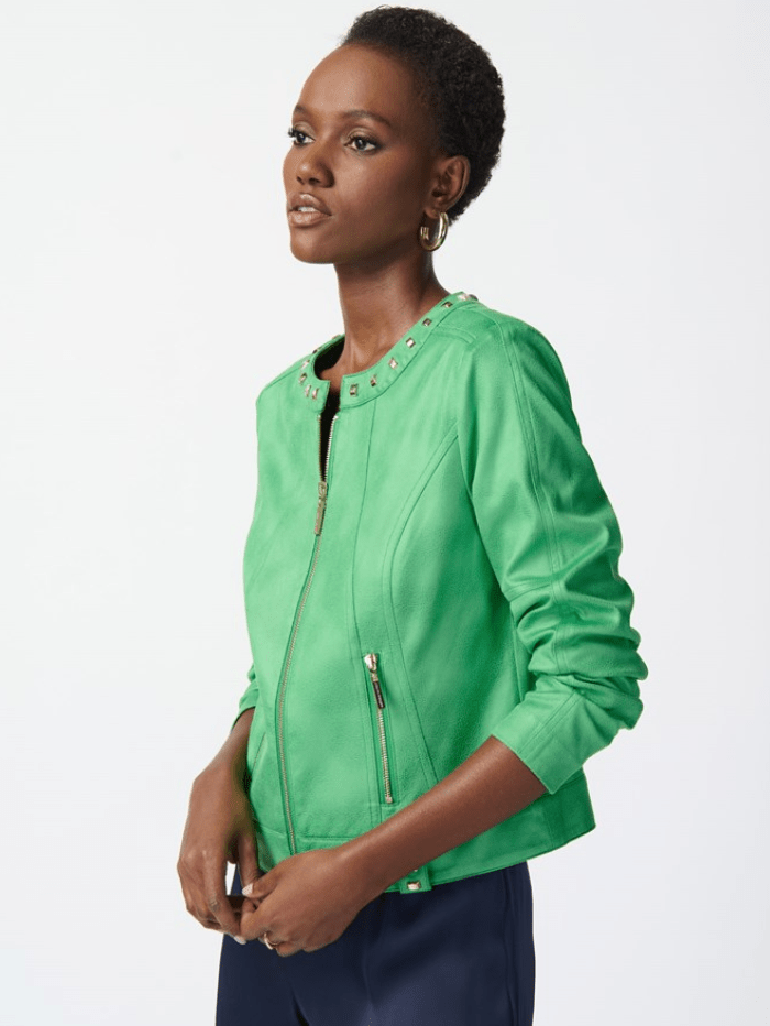 Joseph-Ribkoff-Foiled-Suede-Jacket-In-Green 241909 Col 4203 izzi-of-baslow