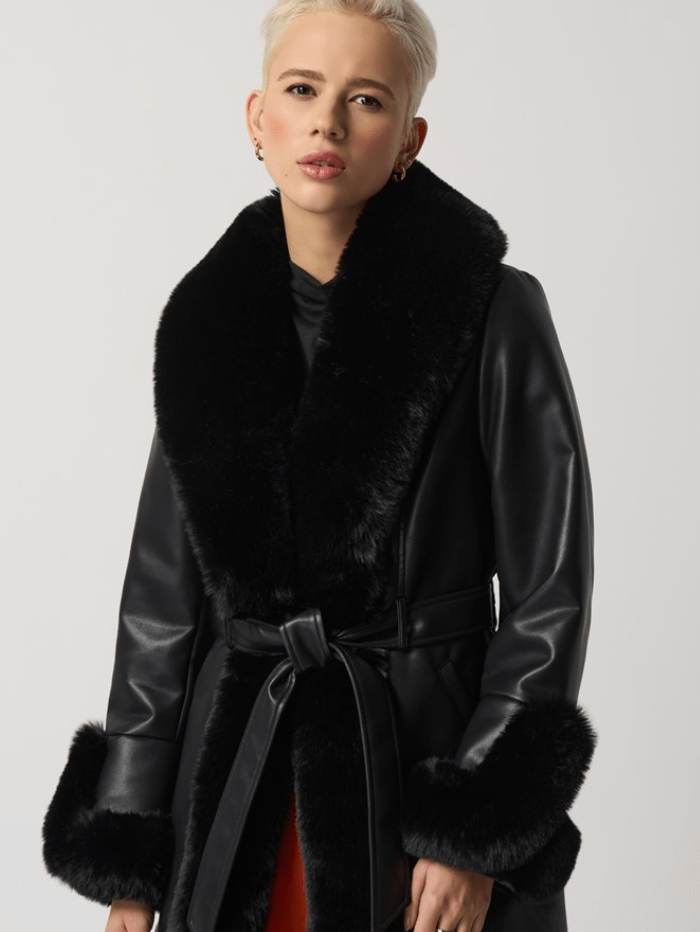 Joseph-Ribkoff-Black-Leatherette-Coat-With-Faux-Fur 233927 Col 11 izzi-of-baslow