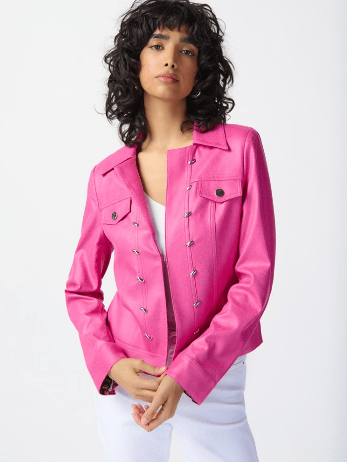 Joseph-Ribkoff-Pink-Foiled-Suede-Jacket-With-Metal-Trims 241911 Col 4243 izzi-of-baslow