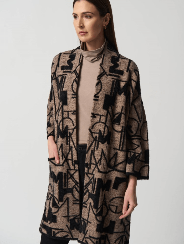 Joseph-Ribkoff-Oatmeal-Black-Patterned-Bell-Sleeve-Cardigan 233959 Col 199-of-baslow