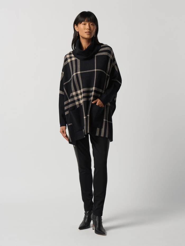 Joseph Ribkoff Cowl Neck Black and Oatmeal Plaid Poncho 233965 317 izzi-of-baslow