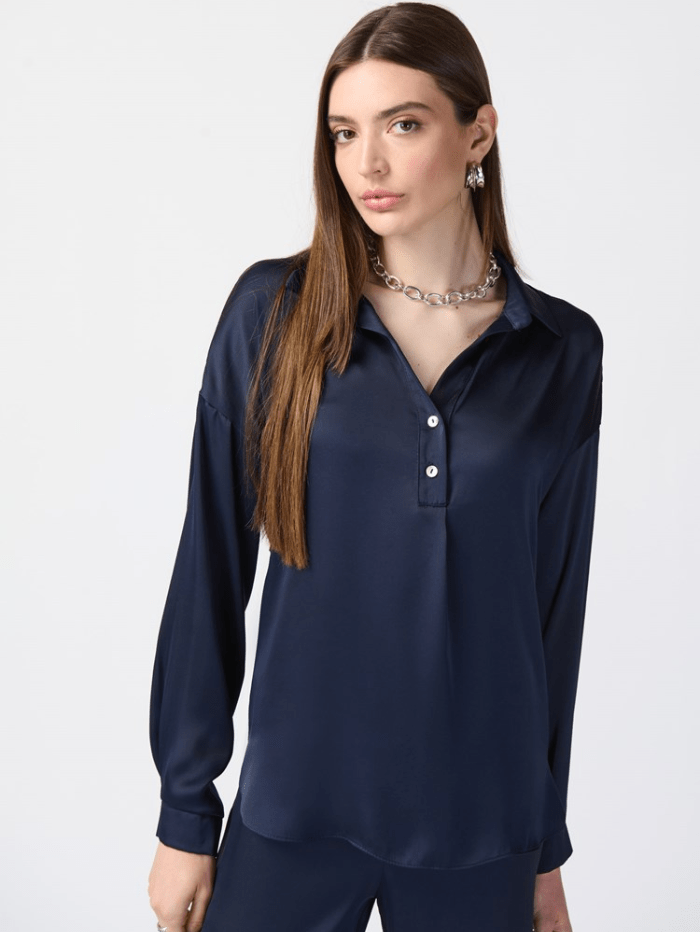 Joseph-Ribkoff-Long-Sleeve-Satin-Shirt-In-Midnight-Blue 241242 Col 2166 izzi-of-baslow