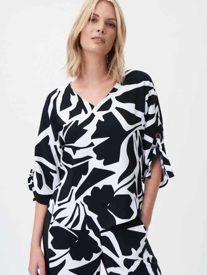 Joseph Ribkoff V-Neck Woven Abstract Print Top Vanilla and Black 232045 1846 izzi-of-baslow