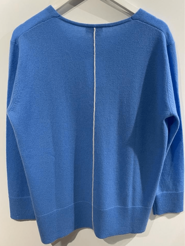 KINROSS Knitwear Kinross Cashmere Hi Low Vee Jumper In Azul Blue LSSC4-107 izzi-of-baslow