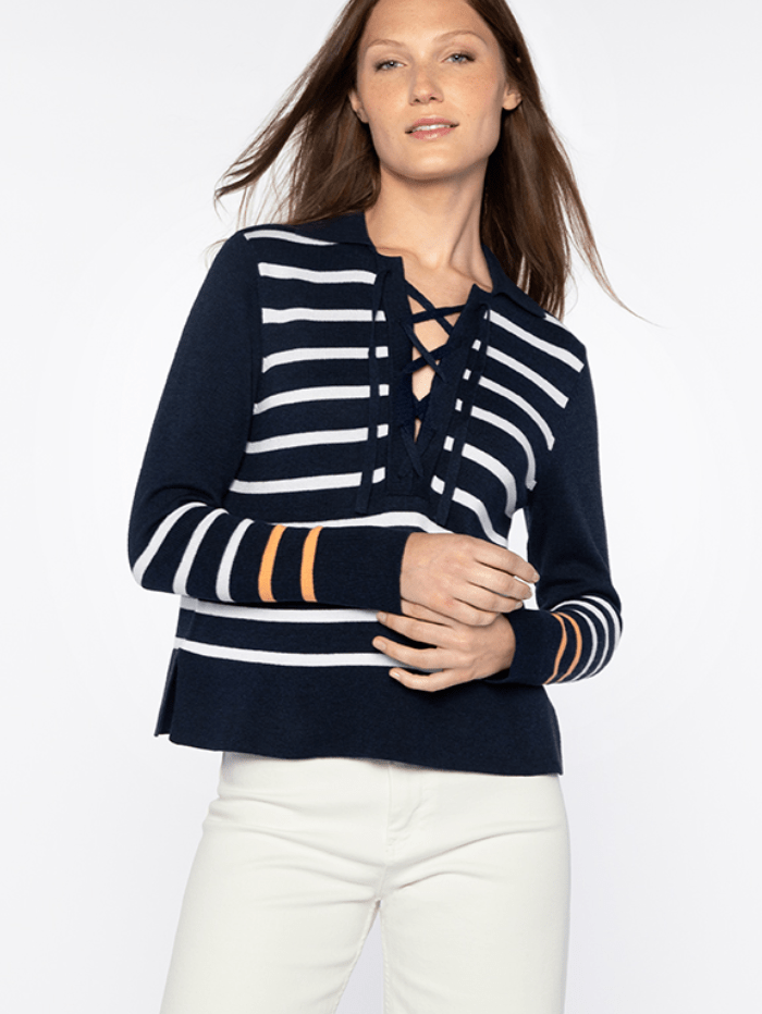 KINROSS Knitwear Kinross Cashmere Navy Stripe Lace Up Polo Jumper LSSG4-189 izzi-of-baslow